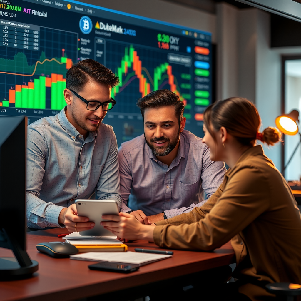 Team di mark-duke che lavora su contenuti educativi finanziari, con grafici di criptovalute e blockchain sullo sfondo, ambiente professionale e moderno