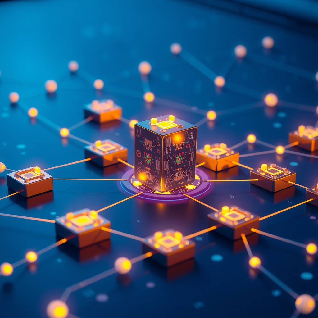 Illustrazione concettuale della tecnologia blockchain con blocchi interconnessi, nodi di rete distribuiti e catene digitali luminose su sfondo blu professionale