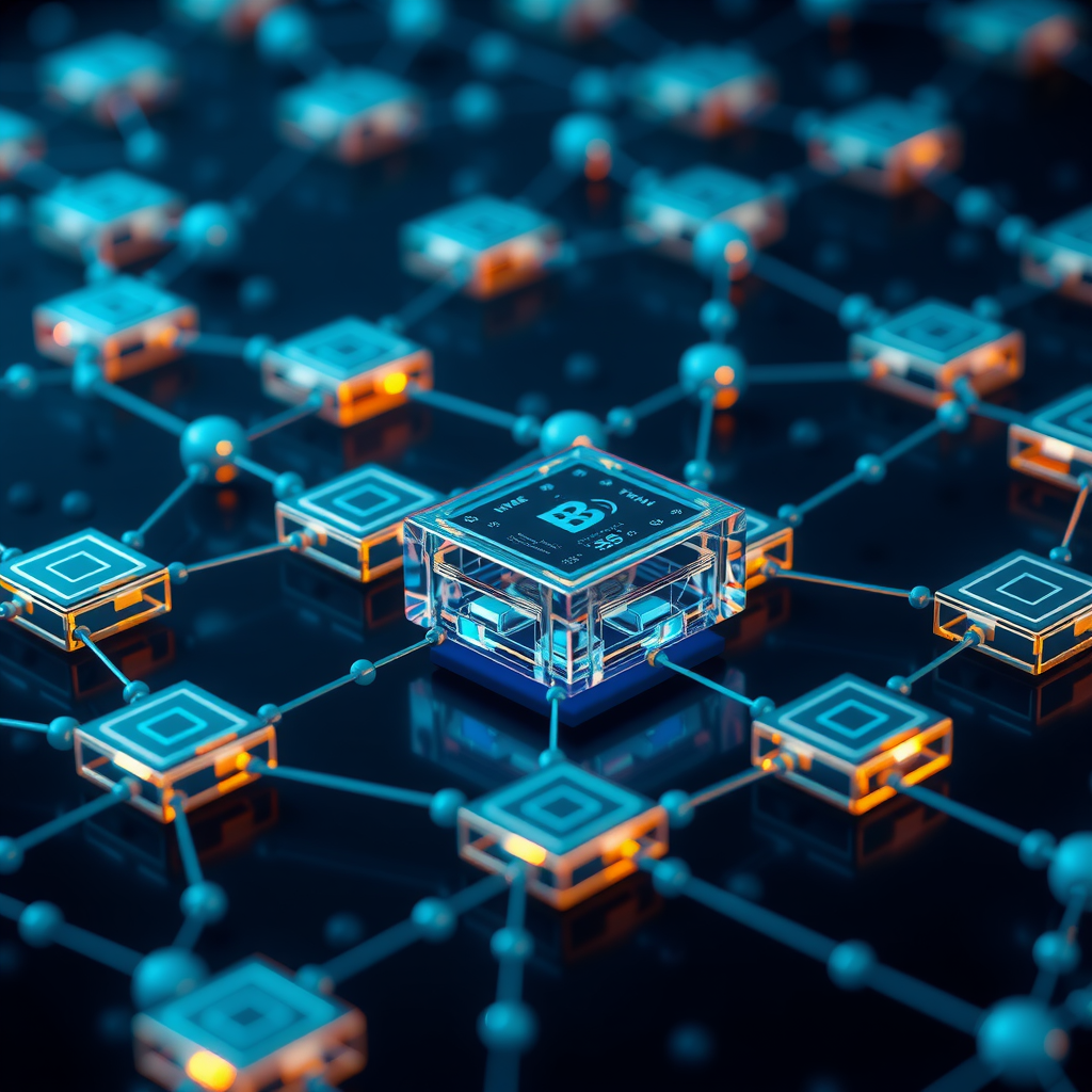 Illustrazione concettuale della tecnologia blockchain che mostra una rete di blocchi interconnessi con nodi distribuiti, rappresentazione visiva di un registro distribuito con elementi digitali blu e teal