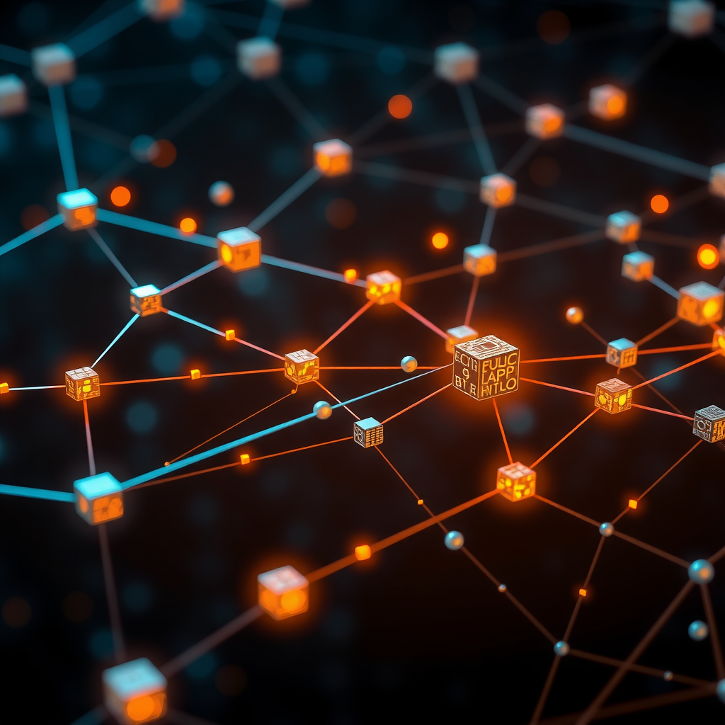 Rappresentazione visiva di una rete blockchain con nodi interconnessi, blocchi di dati collegati in sequenza e elementi grafici che mostrano la natura distribuita e decentralizzata della tecnologia blockchain
