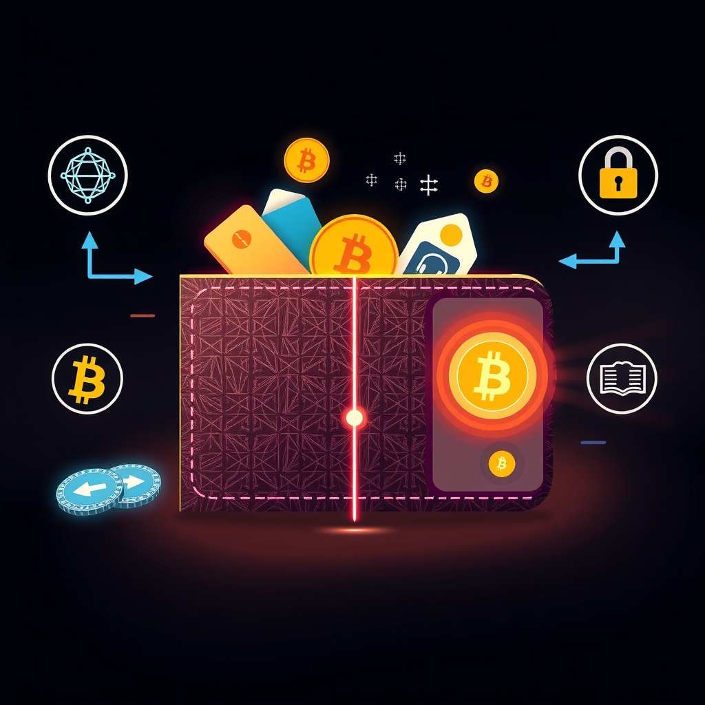Illustrazione moderna di un portafoglio di criptovalute digitale con elementi di sicurezza, mostrando la differenza tra hot wallet connesso a internet e cold wallet offline, con icone di blockchain e crittografia