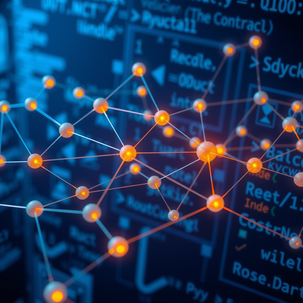 Rappresentazione visiva di una rete blockchain con nodi interconnessi e codice di smart contract che si esegue automaticamente, mostrando transazioni digitali sicure e trasparenti su uno sfondo tecnologico blu