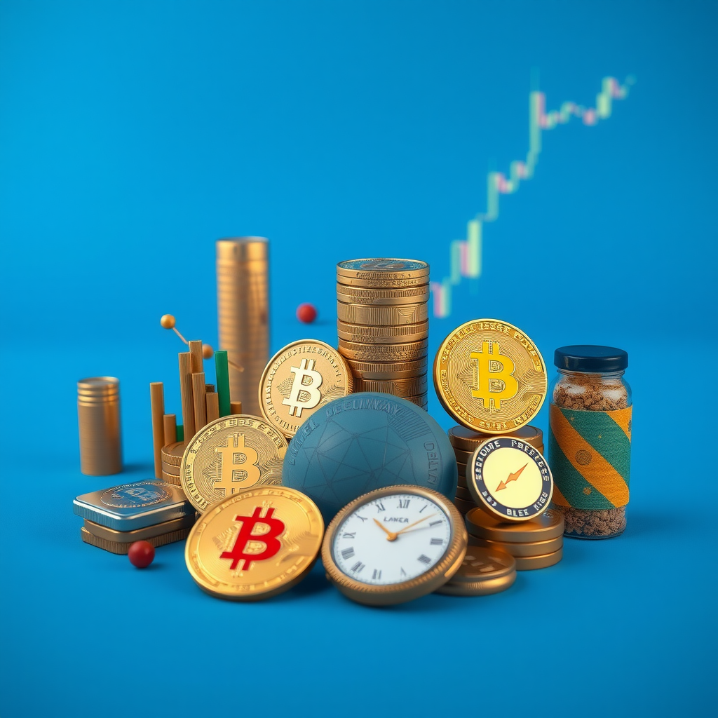 Rappresentazione visiva di un portafoglio di investimenti diversificato moderno con grafici finanziari, criptovalute digitali e asset tradizionali disposti in modo equilibrato su uno sfondo professionale blu