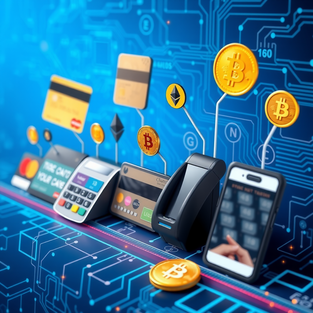 Rappresentazione visiva dell'evoluzione dei pagamenti digitali mostrando una timeline con carte di credito vintage, terminali POS moderni, smartphone con app di pagamento, e simboli di criptovaluta come Bitcoin ed Ethereum, su uno sfondo tecnologico blu con elementi di circuiti e connessioni di rete