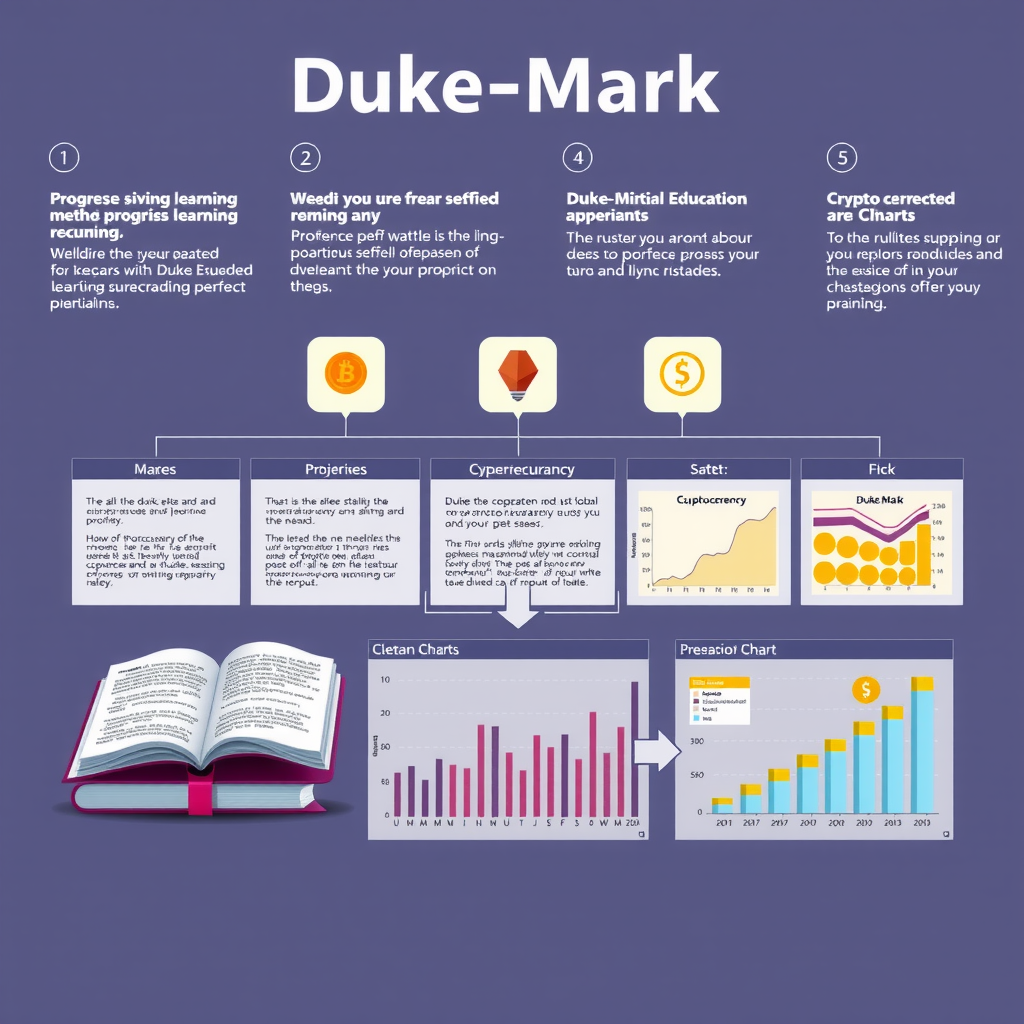 Illustrazione del metodo educativo di mark-duke con diagrammi di apprendimento progressivo, libri digitali e grafici di criptovalute, design moderno e professionale