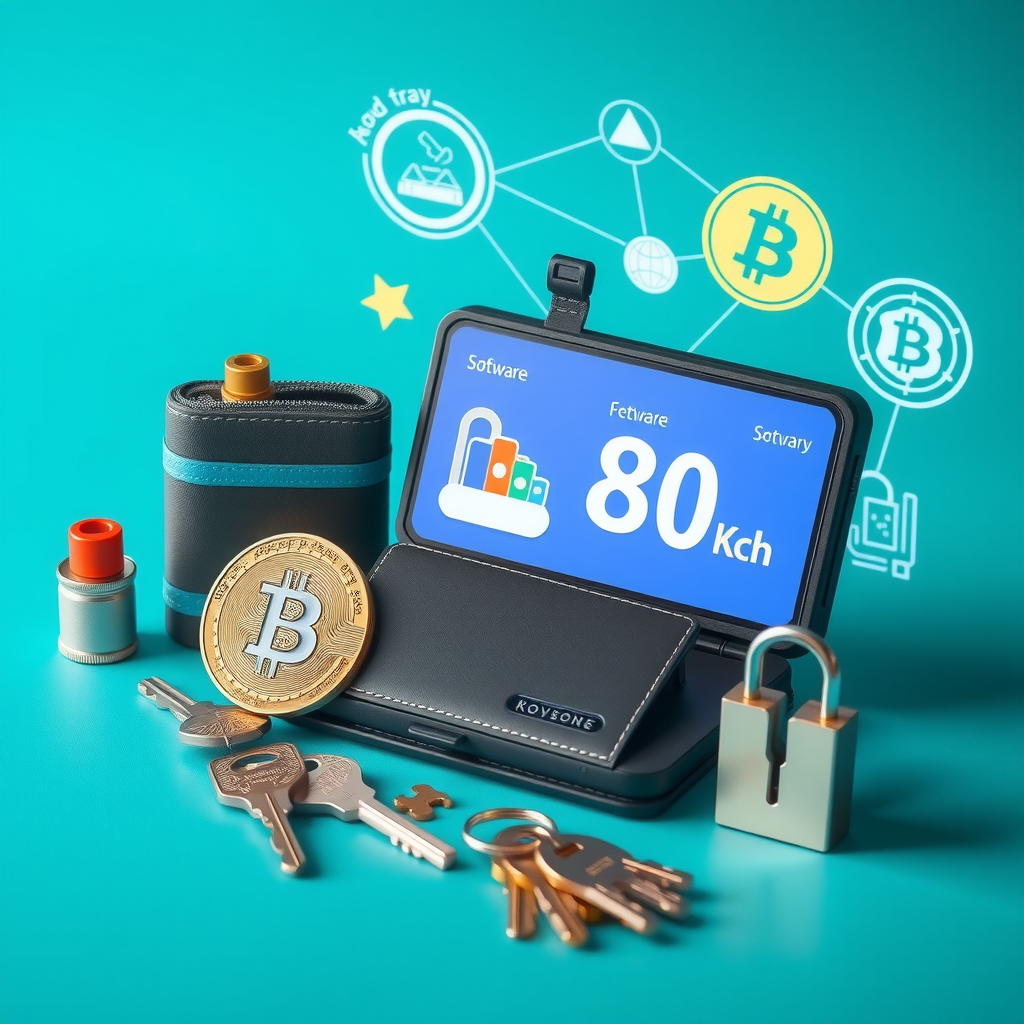 Portafogli di criptovalute hardware e software con dispositivi di archiviazione sicuri, chiavi digitali e icone di sicurezza su sfondo teal moderno