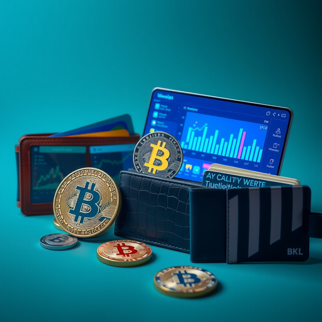 Rappresentazione visiva di diversi tipi di portafogli per criptovalute, inclusi hardware wallet fisici e interfacce software, con elementi di sicurezza e protezione digitale in teal e blu