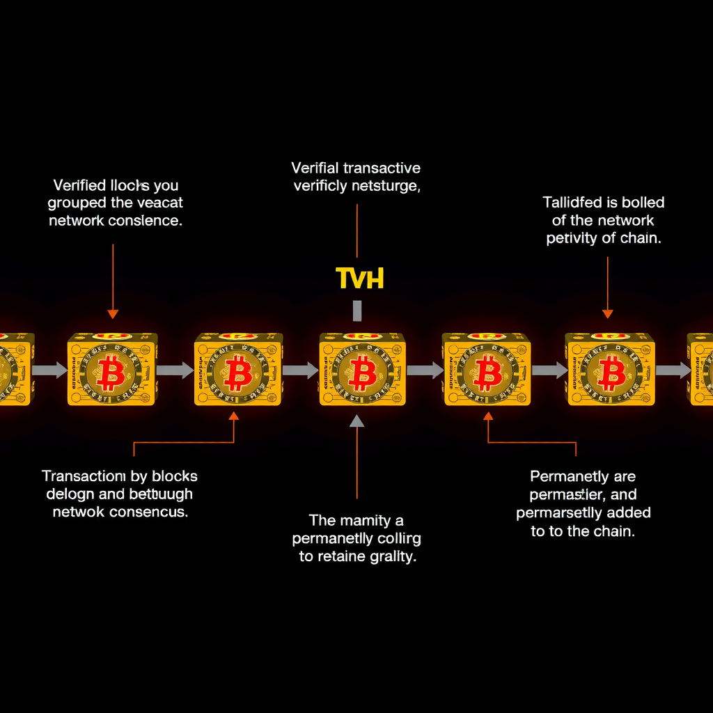 Diagramma illustrativo del processo blockchain che mostra come le transazioni vengono verificate, raggruppate in blocchi, validate attraverso il consenso della rete e aggiunte permanentemente alla catena