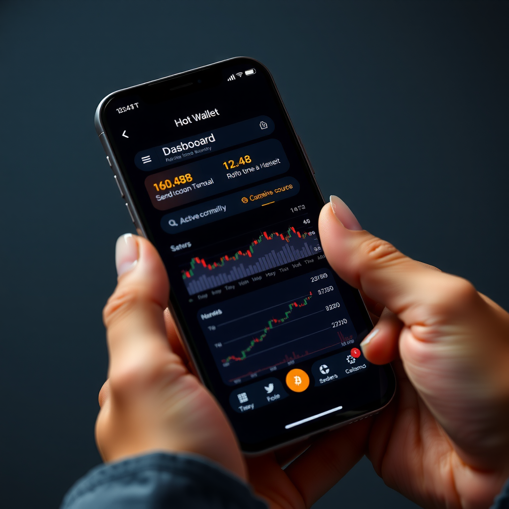 Interfaccia utente moderna di un hot wallet su smartphone, mostrando dashboard con saldo di criptovalute, grafici di mercato in tempo reale, pulsanti per inviare e ricevere, connessione internet attiva
