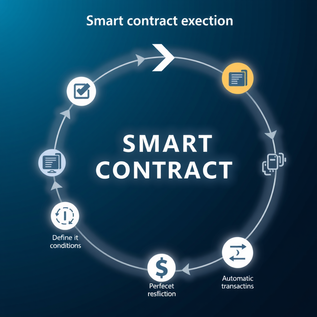 Diagramma che illustra il processo di esecuzione di uno smart contract: dalla definizione delle condizioni, alla verifica automatica, fino all'esecuzione delle azioni programmate, con icone che rappresentano codice, blockchain e transazioni automatiche