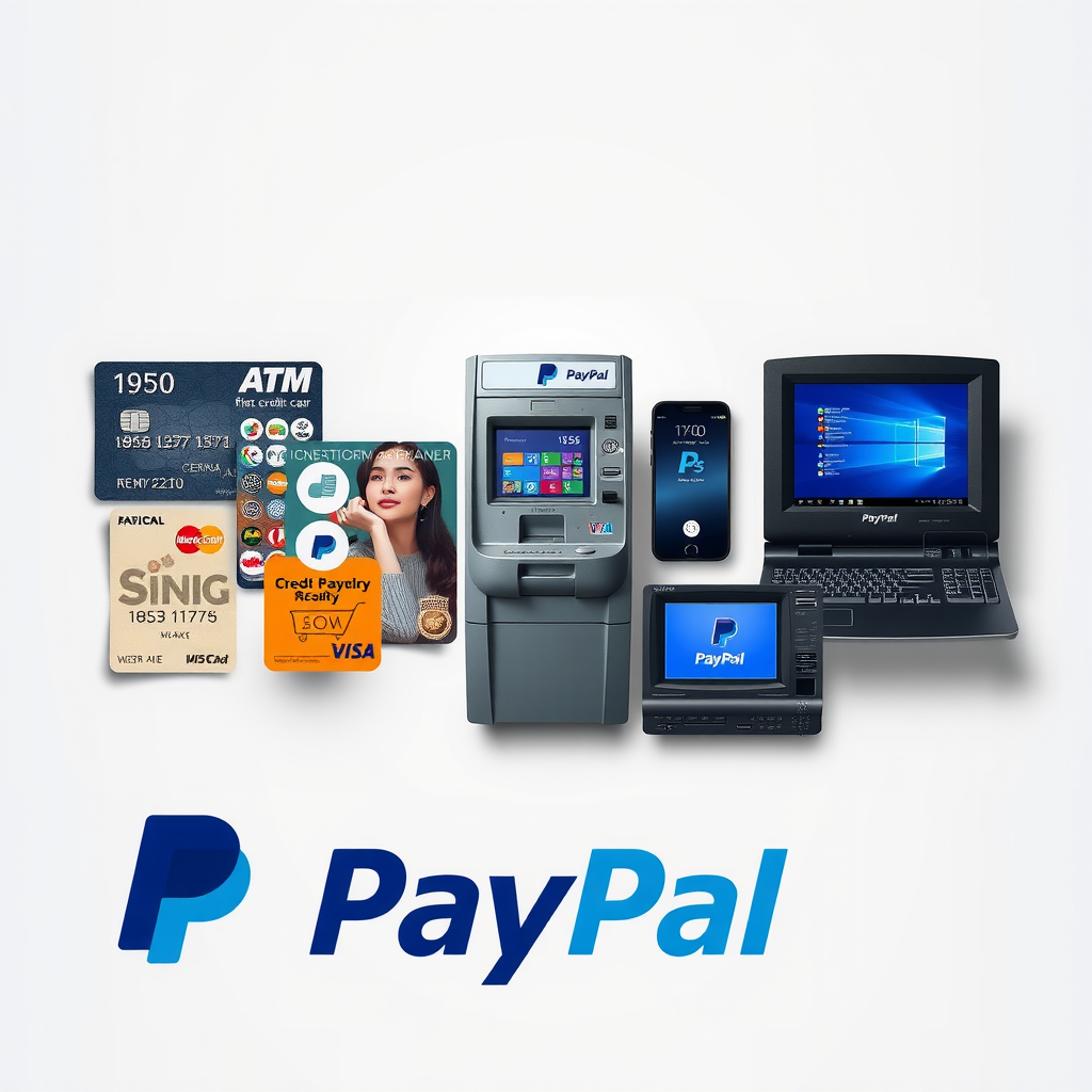 Collage storico che mostra l'evoluzione dei primi sistemi di pagamento digitale: carte di credito degli anni '50, primi terminali ATM degli anni '70, computer desktop con interfacce di e-commerce degli anni '90, e il logo originale di PayPal, disposti in ordine cronologico su uno sfondo grigio chiaro
