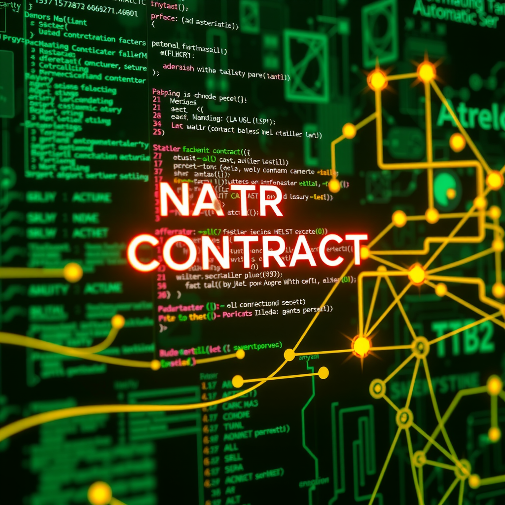 Contratti intelligenti digitali con codice di programmazione, icone di automazione e connessioni blockchain su sfondo verde tecnologico
