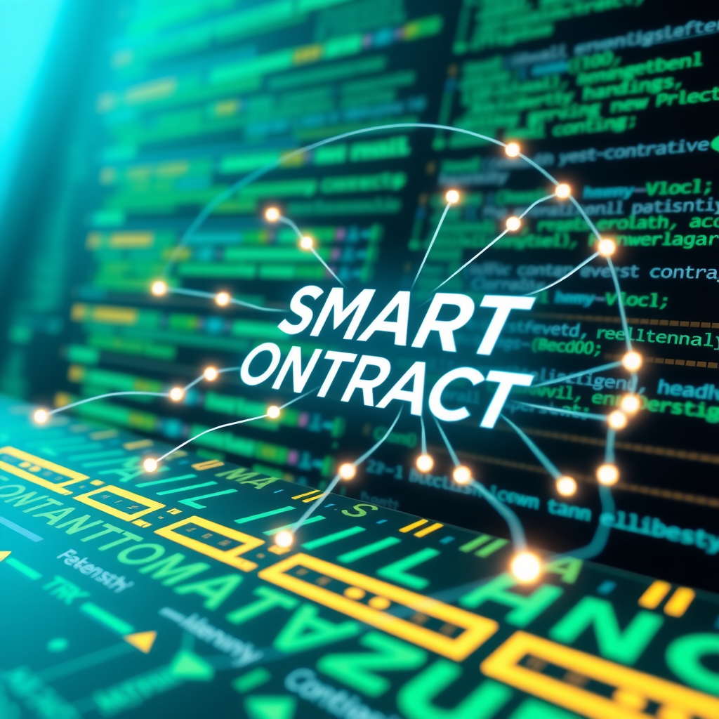 Illustrazione di smart contract su piattaforma blockchain con codice digitale, elementi di automazione e connessioni tra contratti intelligenti, design moderno con colori verde e teal
