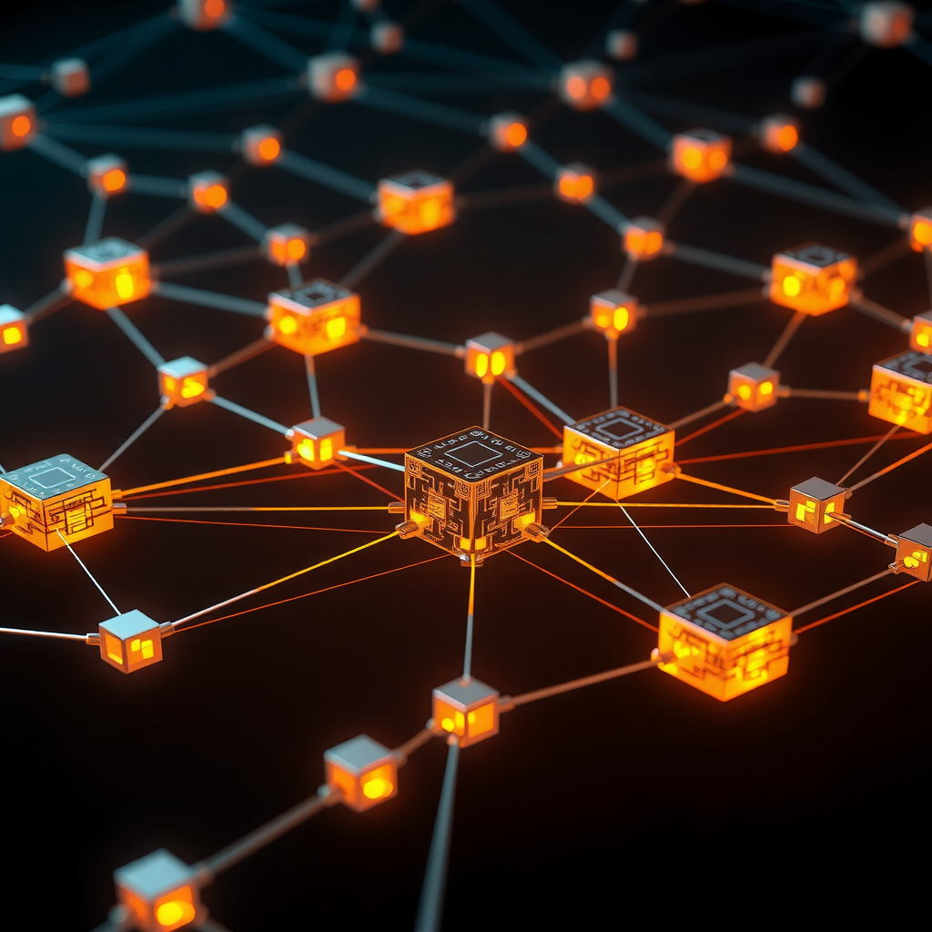 Illustrazione di una rete di registri distribuiti che mostra molteplici nodi interconnessi, ciascuno con una copia completa del registro, evidenziando la natura decentralizzata e ridondante del sistema