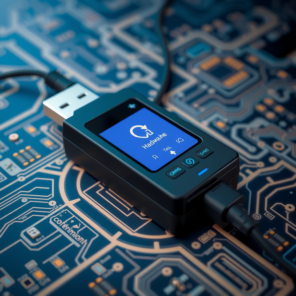 Hardware wallet fisico moderno su sfondo tecnologico, dispositivo USB-like con schermo OLED, pulsanti di conferma, cavo di connessione, simboli di sicurezza e crittografia, aspetto professionale e sicuro