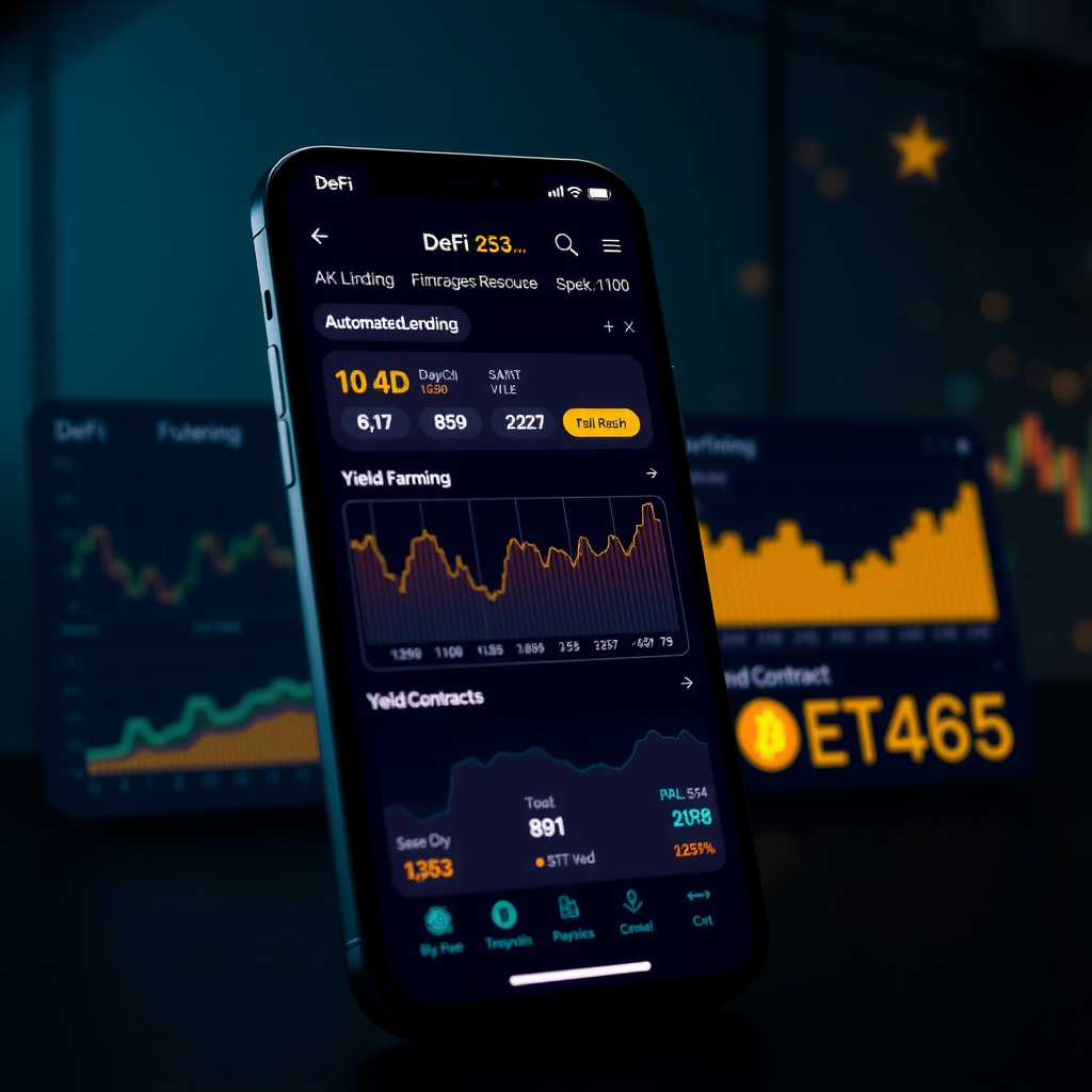 Interfaccia di applicazioni DeFi (finanza decentralizzata) che mostra prestiti automatizzati, yield farming, e scambi decentralizzati gestiti da smart contracts, con grafici finanziari e icone di criptovalute