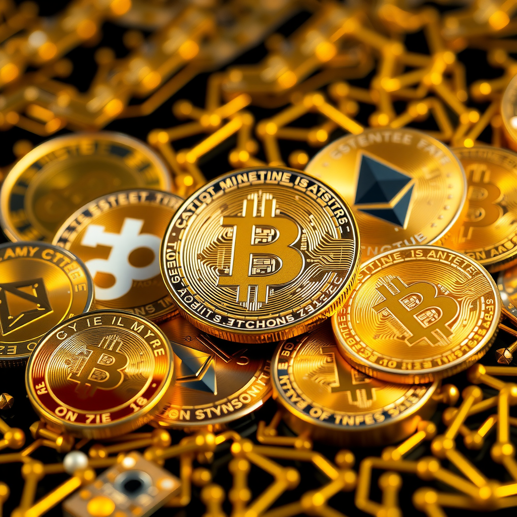 Rappresentazione moderna di criptovalute e blockchain con simboli Bitcoin, Ethereum e altre valute digitali su sfondo dorato con elementi tecnologici