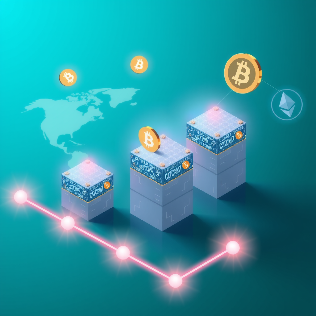 Illustrazione concettuale della tecnologia blockchain che mostra una catena di blocchi interconnessi con dati crittografati, nodi di rete distribuiti in tutto il mondo, e simboli di criptovalute come Bitcoin ed Ethereum che fluttuano intorno, su uno sfondo teal con effetti luminosi digitali