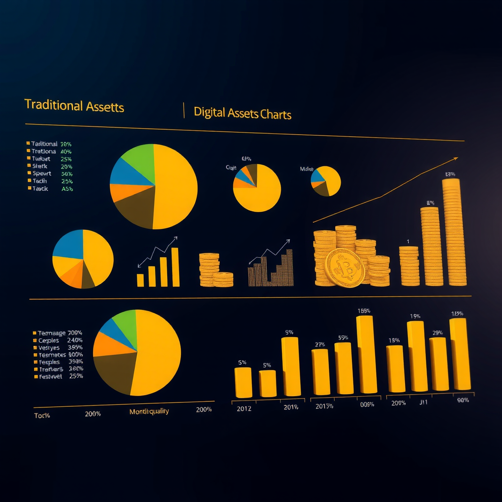 Grafico di diversificazione del portafoglio con vari asset tradizionali e digitali, rappresentazione visiva di allocazione strategica con grafici a torta e barre in oro e blu