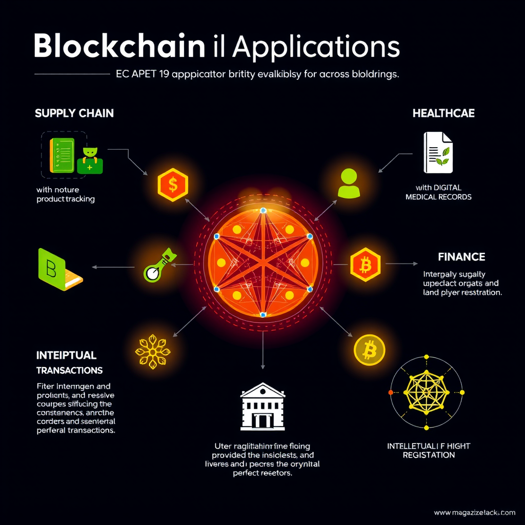 Infografica che mostra diverse applicazioni della blockchain in vari settori: supply chain con tracciamento prodotti, sanità con cartelle cliniche digitali, finanza con transazioni sicure, e proprietà intellettuale con registrazione diritti