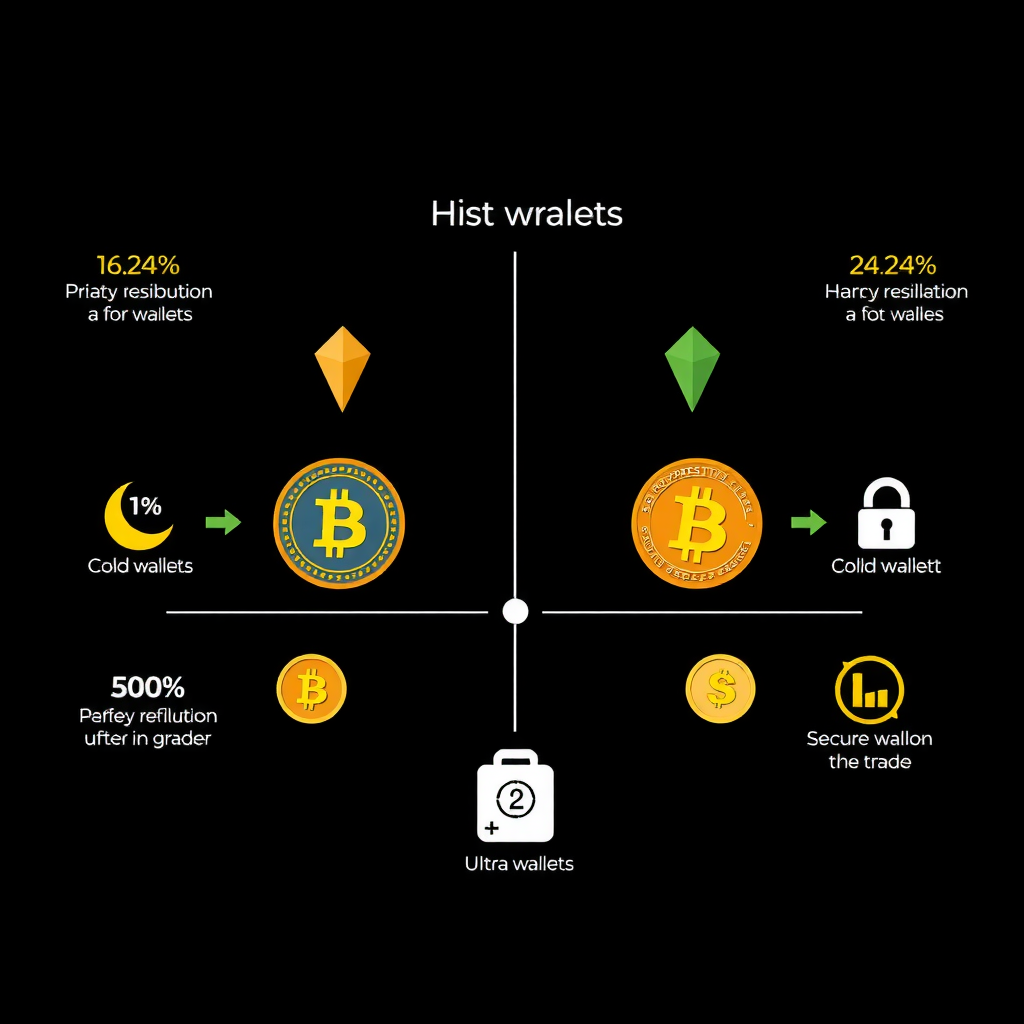Diagramma strategico che mostra la distribuzione ottimale di criptovalute tra hot wallet e cold wallet, con percentuali e frecce che indicano il flusso di fondi, icone di sicurezza e trading
