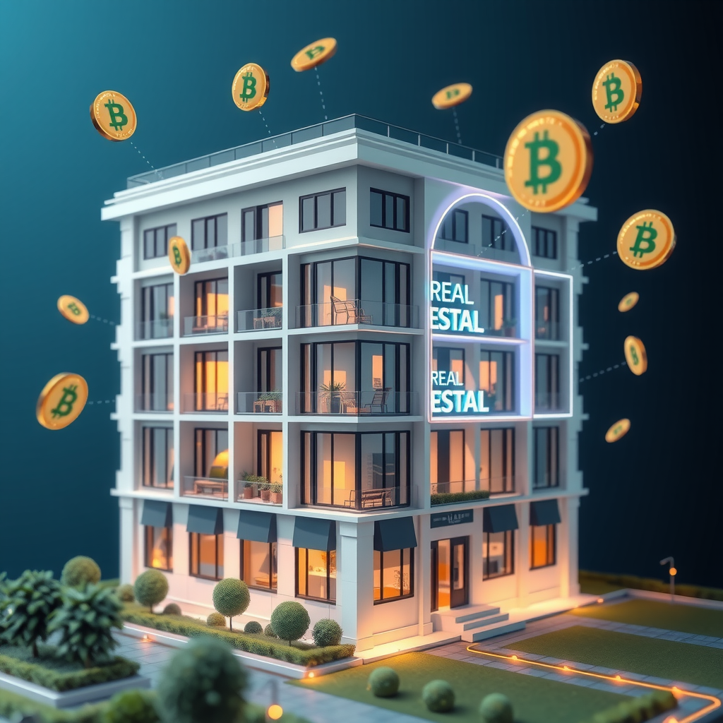 Visualizzazione della tokenizzazione immobiliare con un edificio diviso in token digitali, mostrando come gli smart contracts gestiscono la proprietà frazionata e la distribuzione automatica dei profitti agli investitori