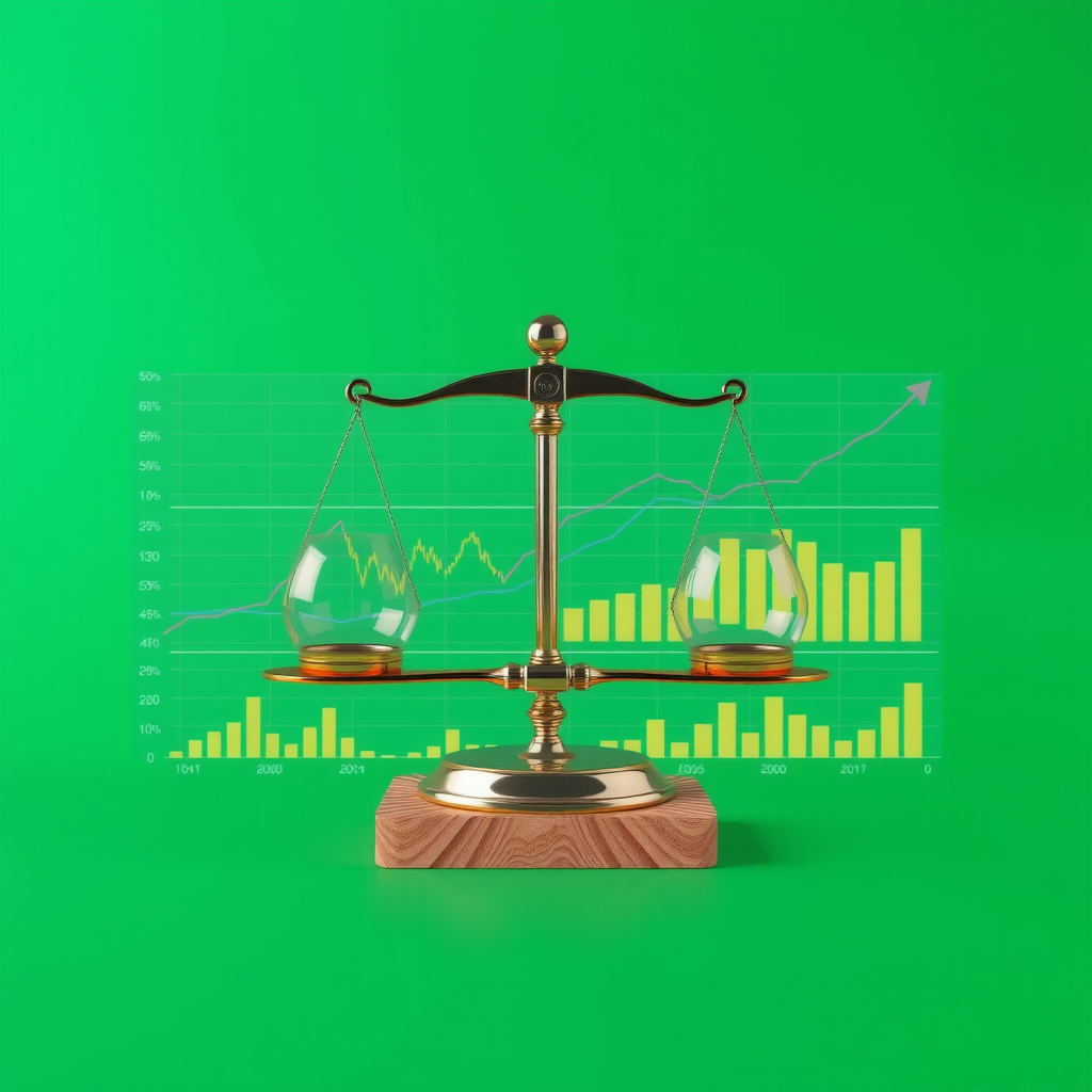 Grafico professionale che mostra la gestione del rischio con bilancia che equilibra rischio e rendimento, grafici di volatilità e indicatori di diversificazione su sfondo verde