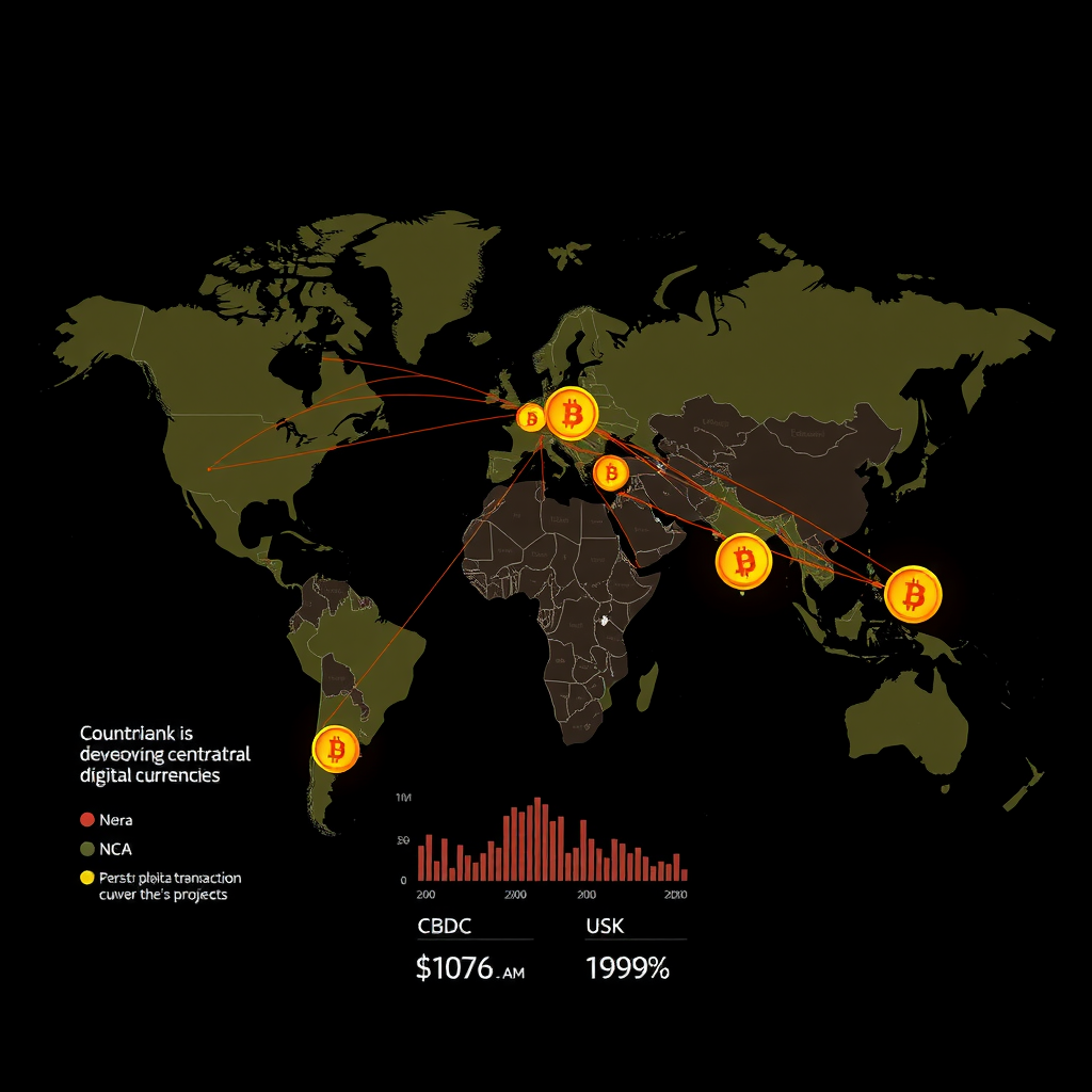 Mappa mondiale interattiva che mostra i paesi che stanno sviluppando valute digitali delle banche centrali, con icone di monete digitali posizionate su diverse nazioni, linee di connessione che rappresentano transazioni transfrontaliere, e grafici che mostrano lo stato di avanzamento dei progetti CBDC in vari continenti