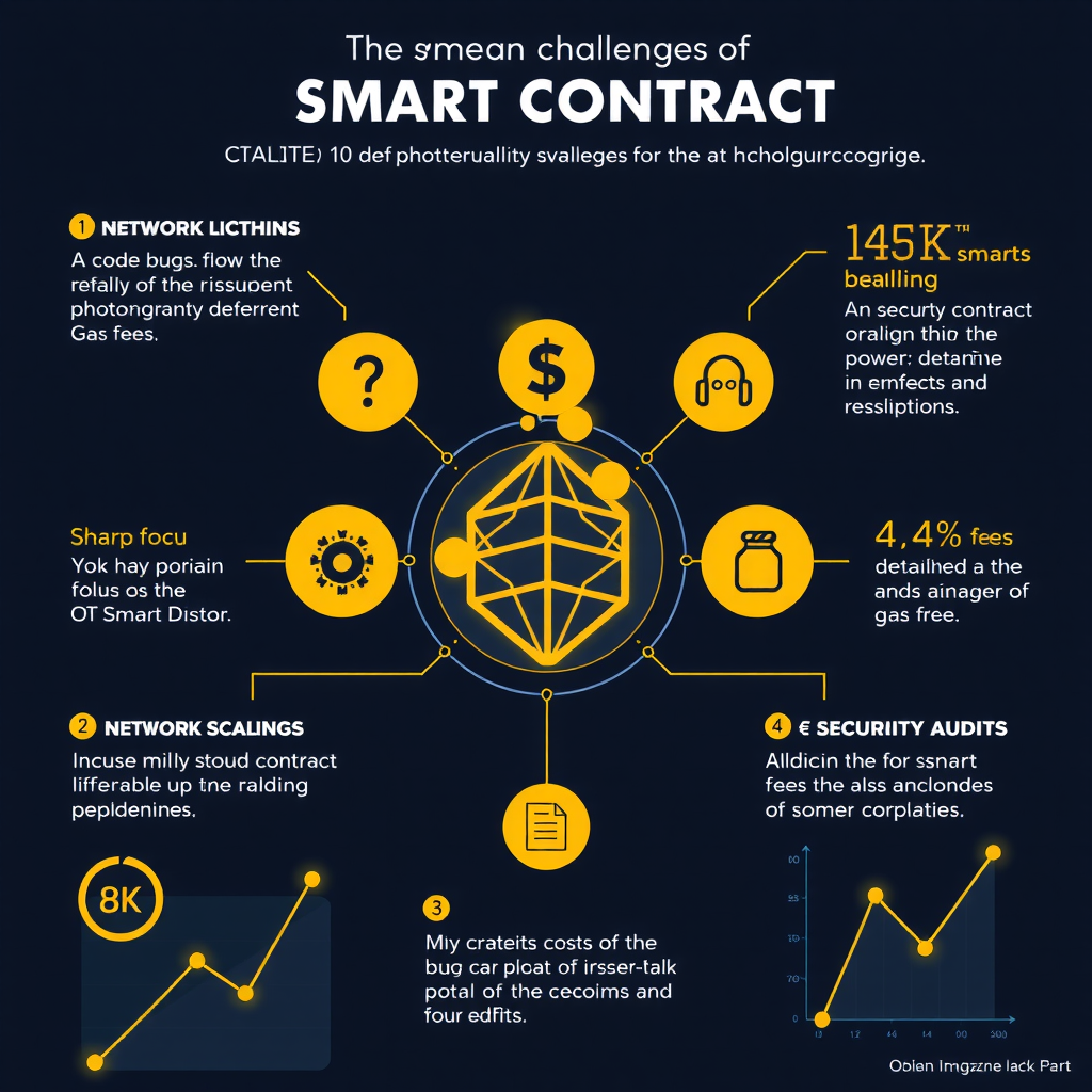 Infografica che illustra le principali sfide degli smart contracts: bug nel codice, scalabilità della rete, costi delle gas fees, e necessità di audit di sicurezza, con icone e grafici esplicativi