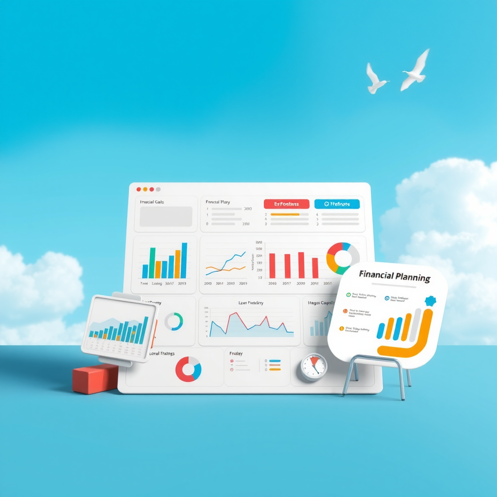 Illustrazione di pianificazione finanziaria personalizzata con grafici, obiettivi finanziari, timeline di investimento e strumenti di analisi su sfondo azzurro cielo