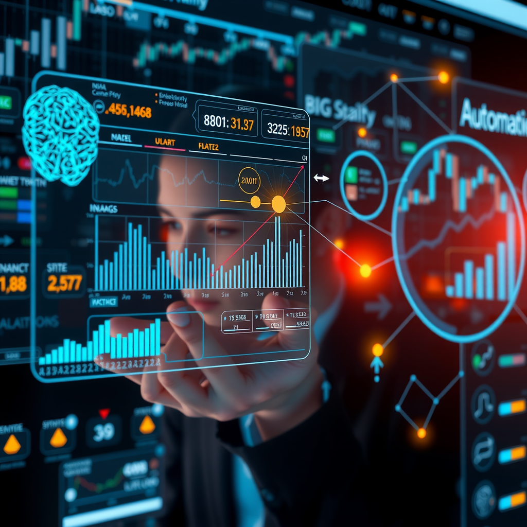 Visualizzazione futuristica dell'intelligenza artificiale nel settore finanziario, mostrando un'interfaccia olografica con grafici finanziari, reti neurali, algoritmi di machine learning rappresentati visivamente, un assistente virtuale AI che interagisce con dati finanziari, e simboli di automazione e analisi predittiva su uno sfondo tecnologico